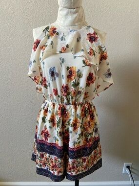 Blue Rain Cream Floral Ruffle Romper with Multicolor Blooms